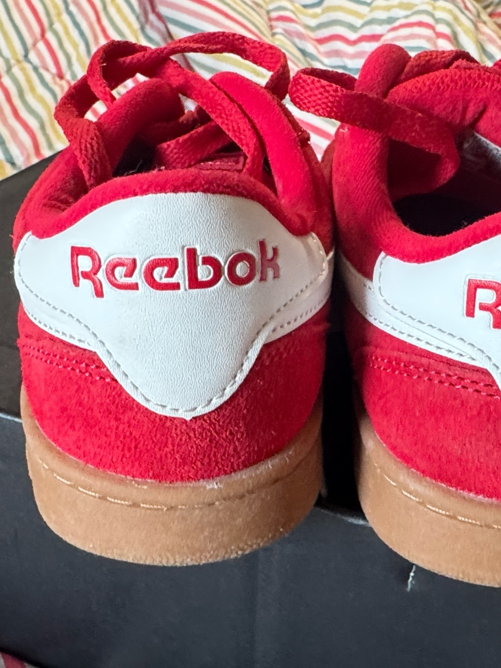 Reebok Red Suede Sneakers with White Stripes and Gum Sole - Picture 8 of 11